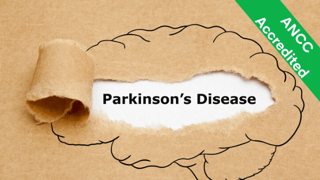 Paper is torn in the center of a drawing of a brain, where it reveals text saying Parkinson's Disease; additional text reads ANCC Accredited