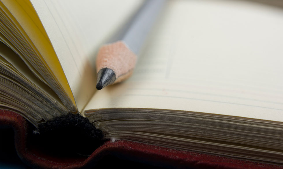 Pencil sitting in the crease of an open book