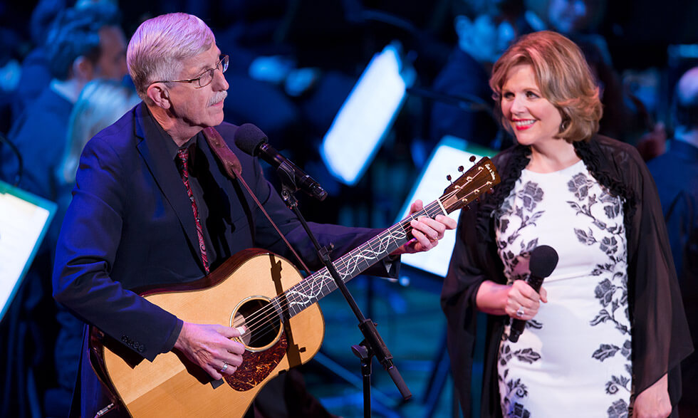 NIH Director Francis Collins, M.D., Ph.D. and Renée Fleming perform at NIH’s 2017 Sound Health event.