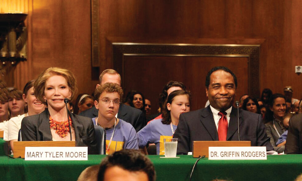 Mary Tyler Moore and Griffin Rodgers at congressional panel.