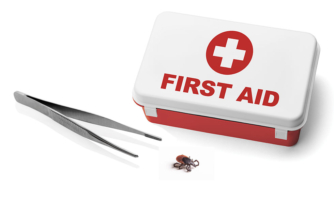 Tweezers, a tick, and a first aid kit.