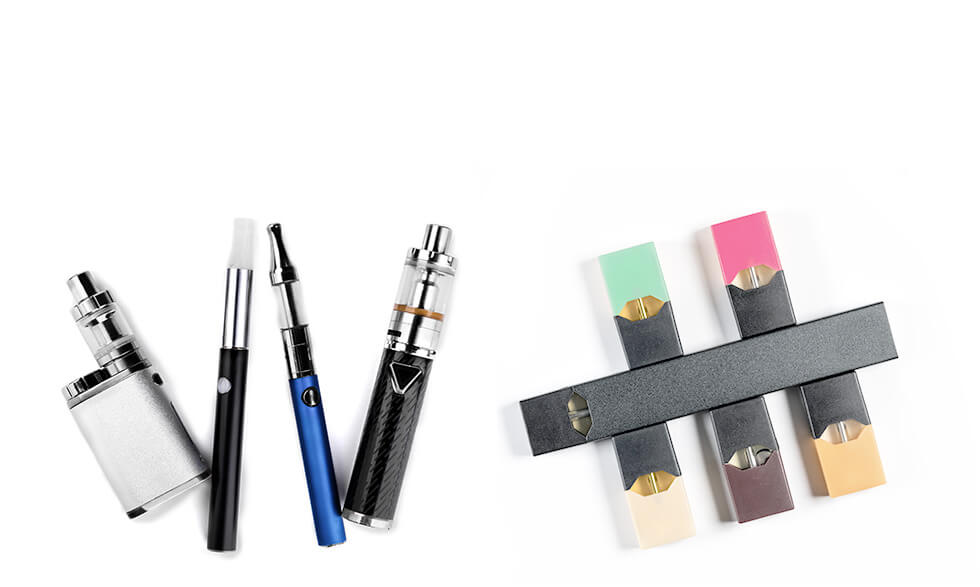 Common vaping devices and e-cigarettes.